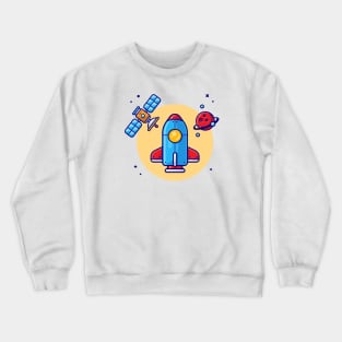 Space Shuttle Flying with Planet and Satellite Space Cartoon Vector Icon Illustration Crewneck Sweatshirt